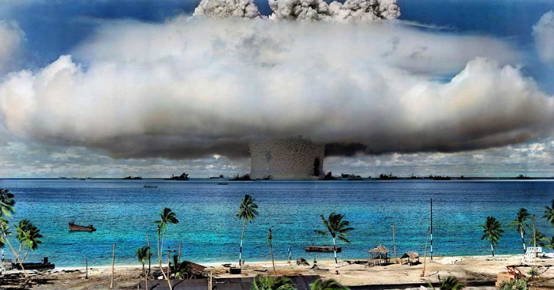 A wonderful photo of an Atom Bomb being tested in the Bikini Atoll shortly after World War Two.jpg